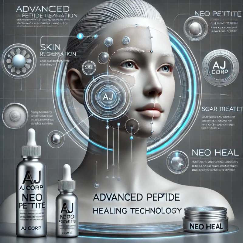 Hình ảnh 3D minh hoạ công nghệ peptide chữa lành tế bào từ AJ Corp. Sử dụng các sản phẩm như Neo Peptide và Neo Heal để cải thiện và tái tạo làn da, mang lại hiệu quả điều trị sẹo và phục hồi da vượt trội. Tone màu xám bạc, xanh nhạt và đen, tạo nên không gian hiện đại và chuyên nghiệp.