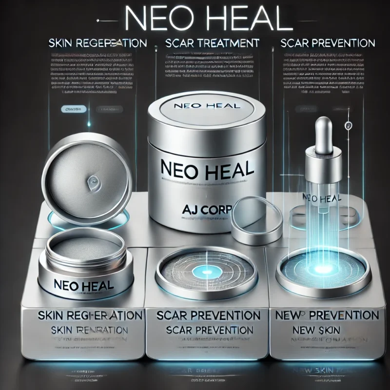 Hình ảnh 3D minh hoạ sản phẩm Neo Heal từ AJ Corp. Sản phẩm chứa các peptide đặc biệt và dưỡng chất thiên nhiên, giúp tái tạo da, làm đầy và làm mờ sẹo, ngăn ngừa sẹo và tái tạo da mới.