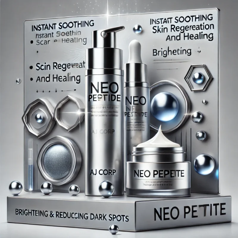 Hình ảnh 3D minh hoạ sản phẩm Neo Peptide từ AJ Corp. Sản phẩm chứa các peptide đặc biệt, giúp tái tạo da, làm mờ sẹo và vết thâm, tăng cường độ đàn hồi và dưỡng ẩm sâu cho da.