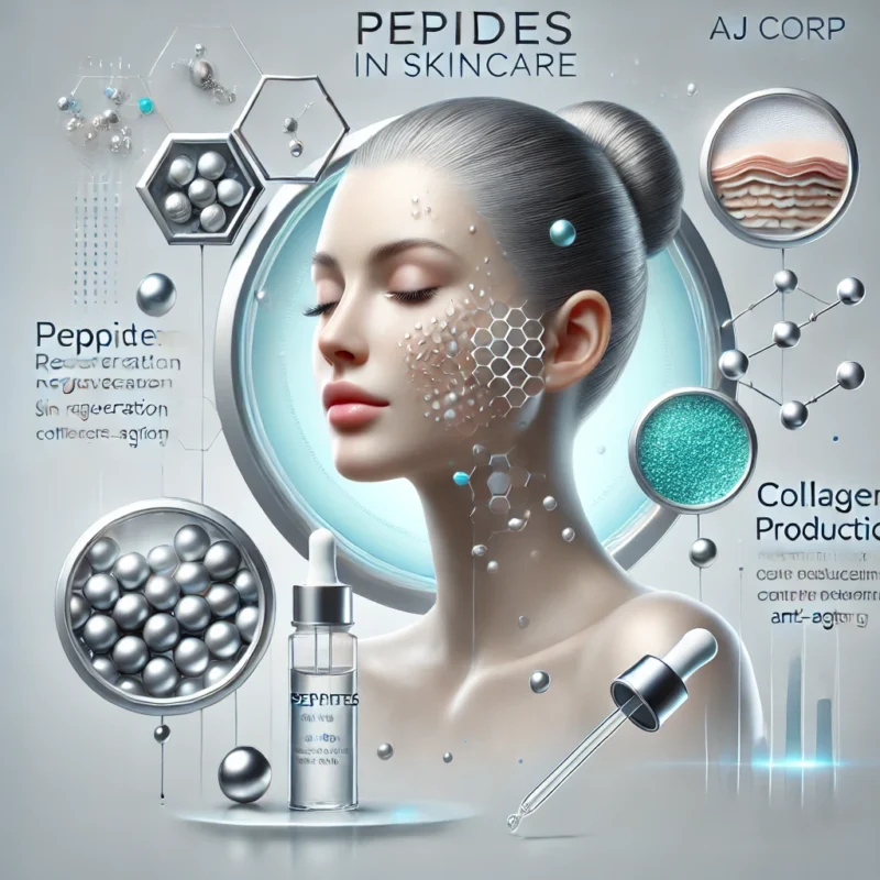 Hình ảnh 3D minh hoạ các lợi ích của peptide trong chăm sóc da, bao gồm tái tạo da, sản xuất collagen và chống lão hóa.